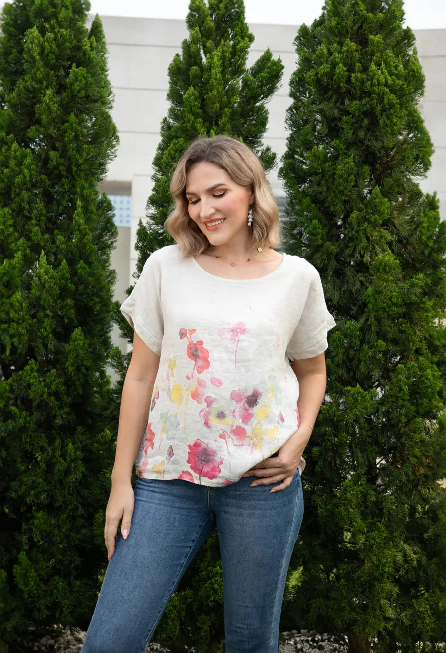 Angela Watercolour Blossom Linen Top