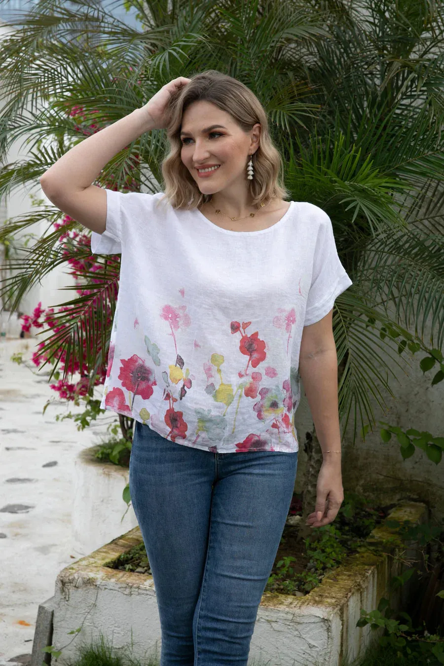 Angela Watercolour Blossom Linen Top
