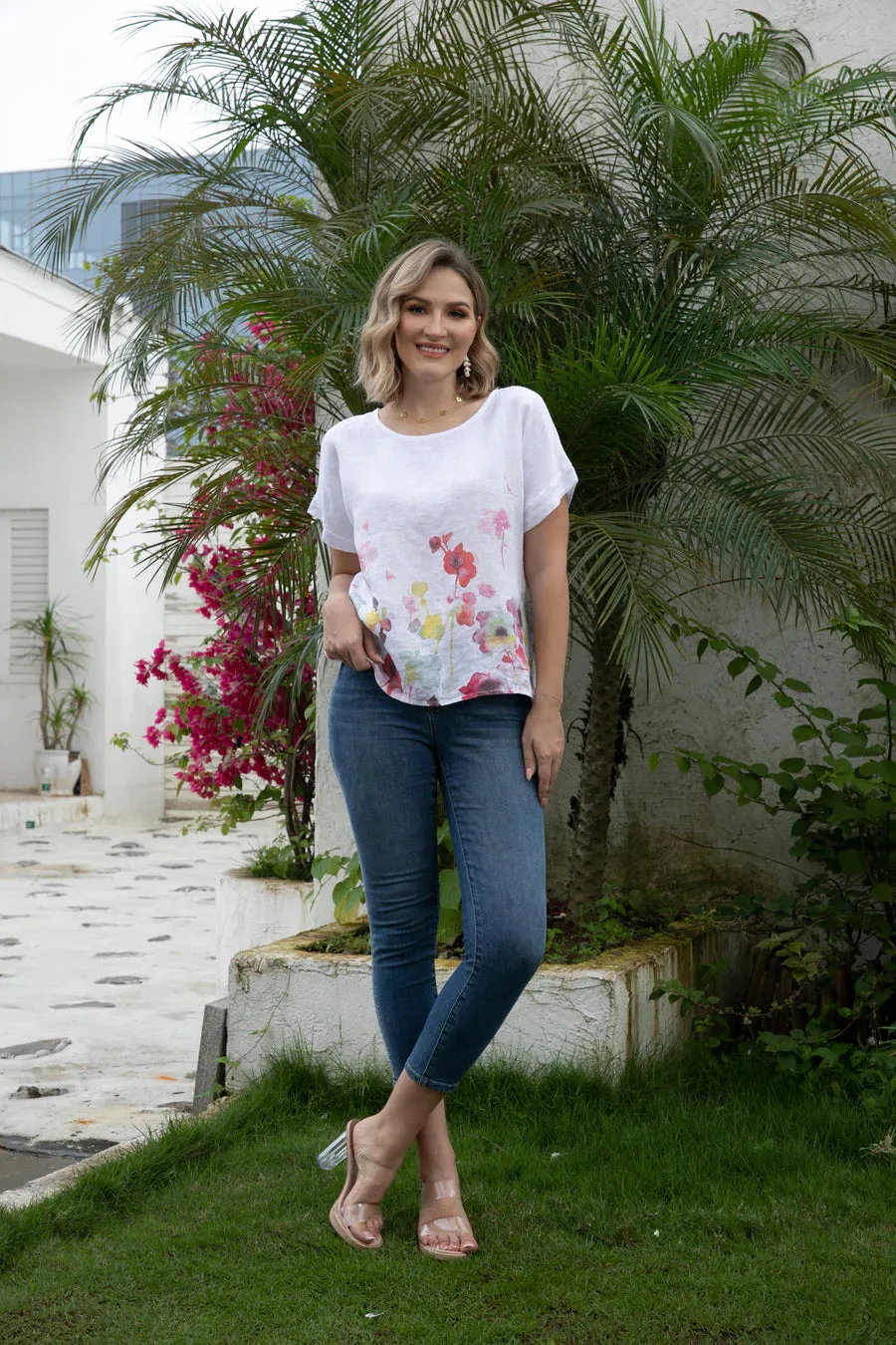 Angela Watercolour Blossom Linen Top