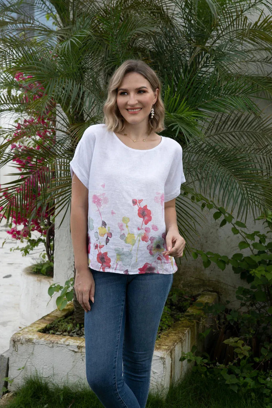 Angela Watercolour Blossom Linen Top