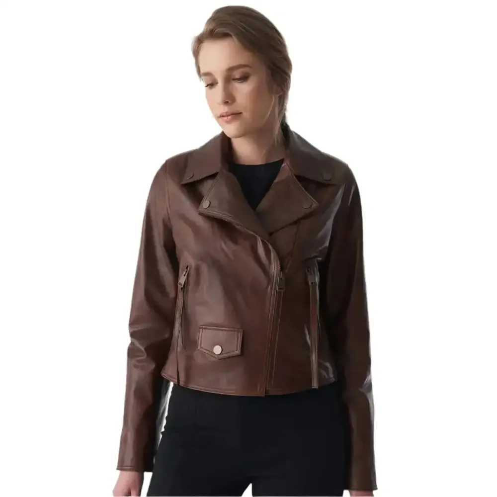 Antique Tan Brown Women's Classic Biker Leather Jacket – Timeless & Chic