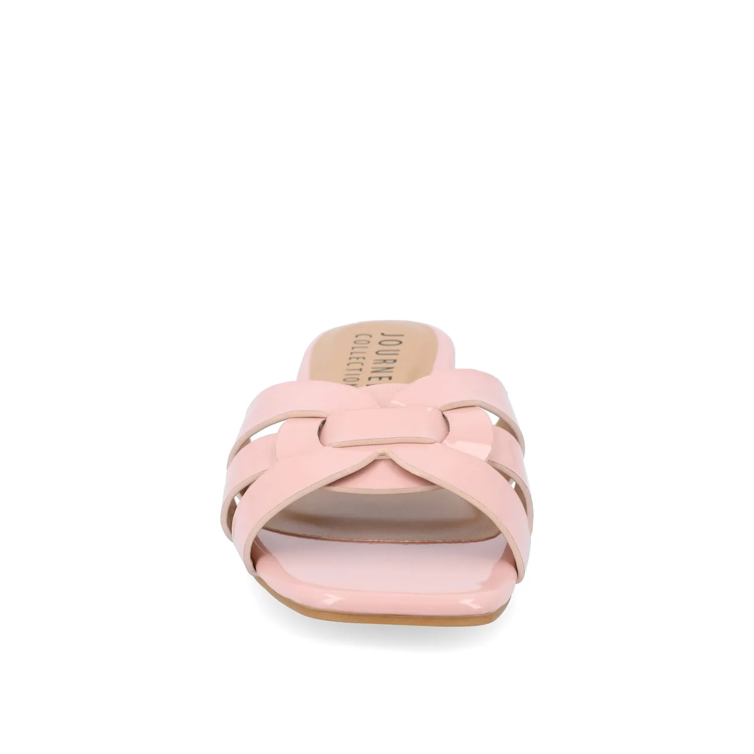 ARRINA STATEMENT PATENT SLIDE SANDALS IN WIDE