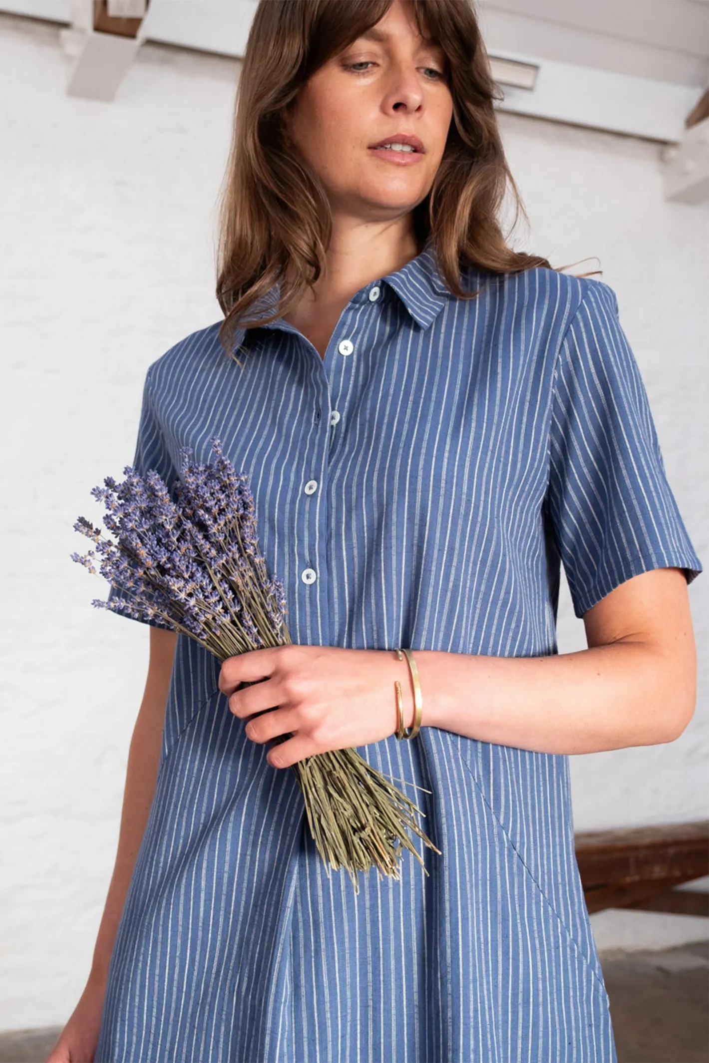 Bibico Alexa Shirt Dress Blue Cotton Linen Stripe