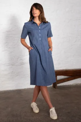 Bibico Alexa Shirt Dress Blue Cotton Linen Stripe