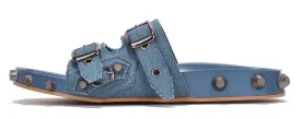 Cape Robbin Comboo Denim Buckle Footbed Stud Details Slip On Flat Slides Sandals