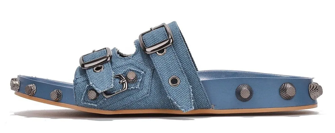Cape Robbin Comboo Denim Buckle Footbed Stud Details Slip On Flat Slides Sandals