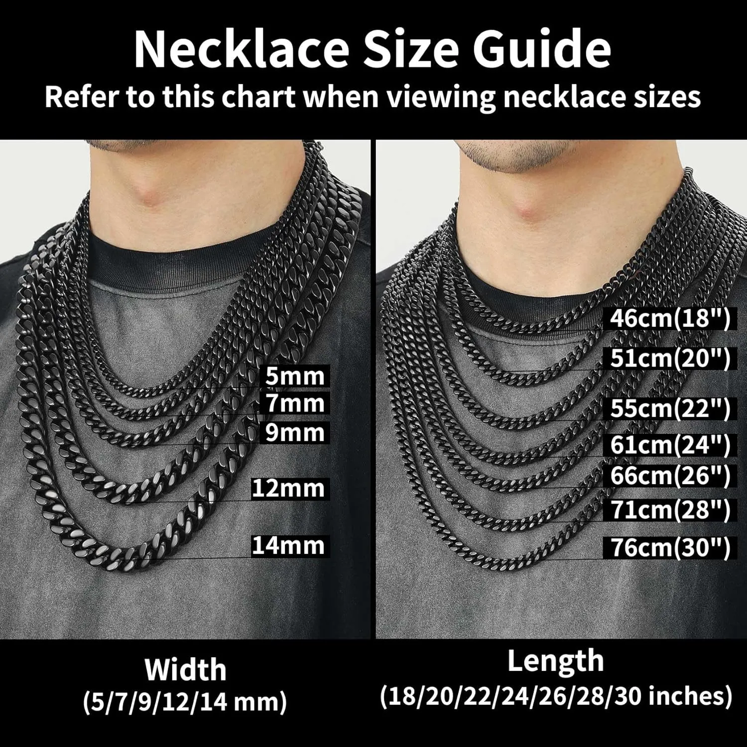 ChainsHouse Stainless Steel Mens Cuban Link Chain, Black/18K Gold Miami Cuban Chain Necklace, 5mm/7mm/9mm/12mm/14mm Width, No Tarnish& Durable Hip Hop Mens Jewelry, 18"-30", Send Gift Box