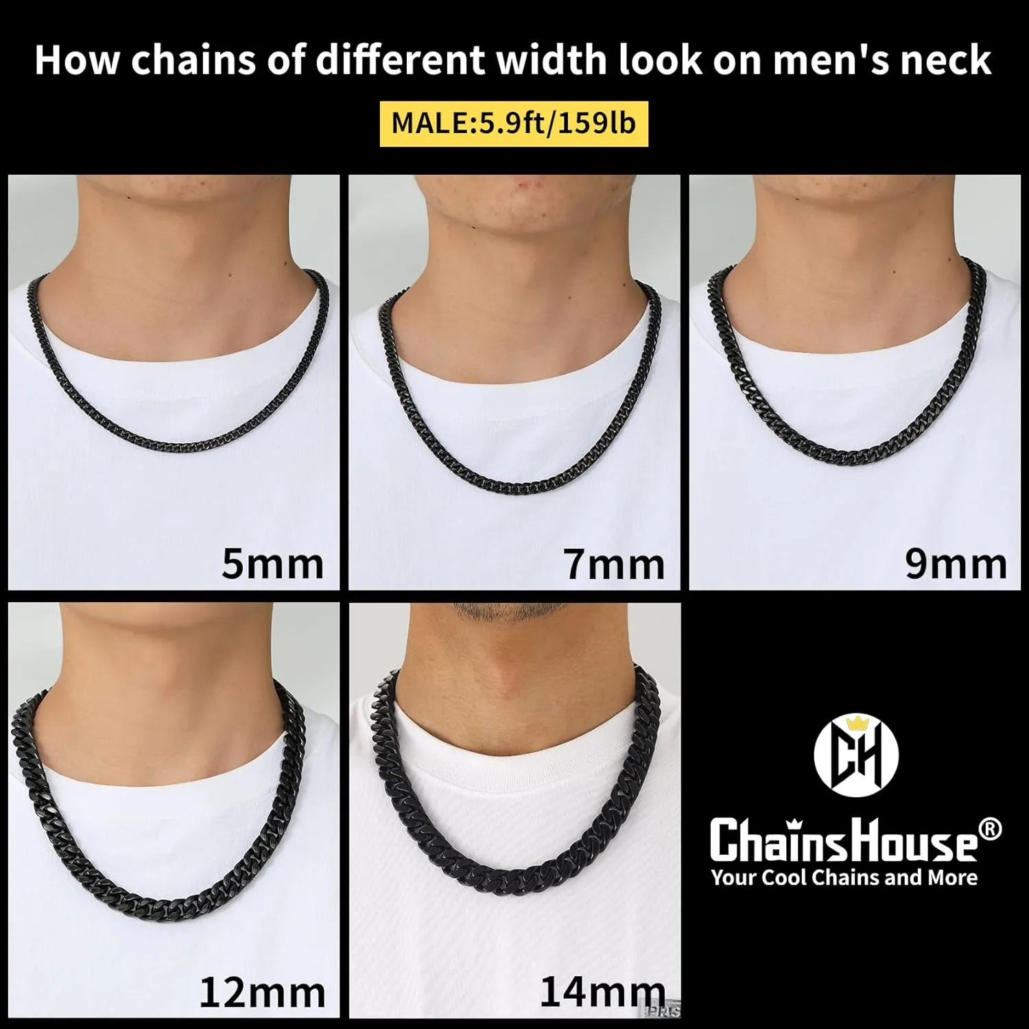 ChainsHouse Stainless Steel Mens Cuban Link Chain, Black/18K Gold Miami Cuban Chain Necklace, 5mm/7mm/9mm/12mm/14mm Width, No Tarnish& Durable Hip Hop Mens Jewelry, 18"-30", Send Gift Box