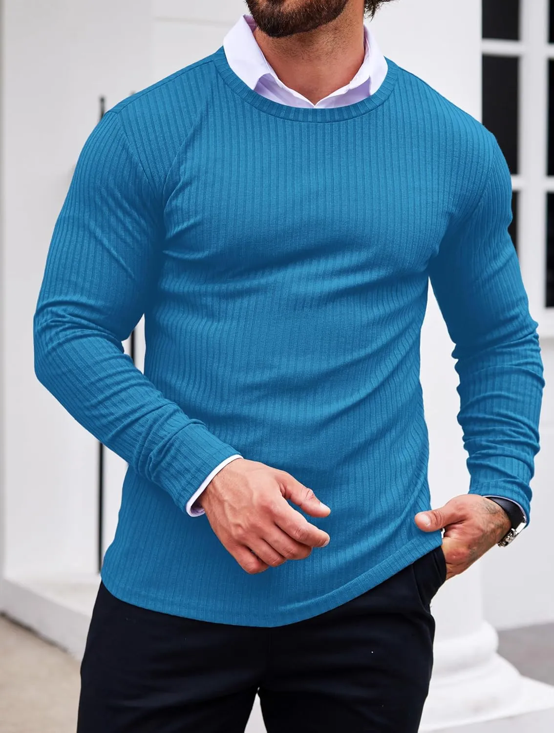 Ekouaer Men's Long Sleeve Shirts Ribbed Pullover Sweater Sim Fit Thermal Tops Crew Neck Stretchy Undershirts S-XXL