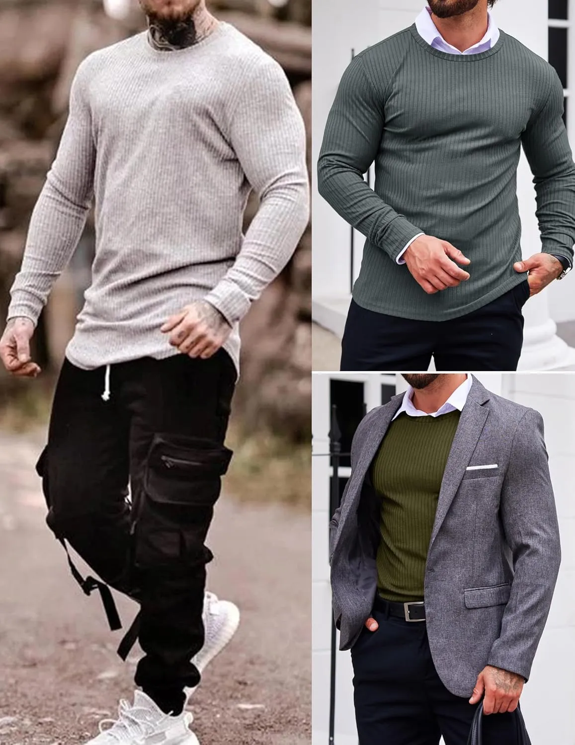 Ekouaer Men's Long Sleeve Shirts Ribbed Pullover Sweater Sim Fit Thermal Tops Crew Neck Stretchy Undershirts S-XXL