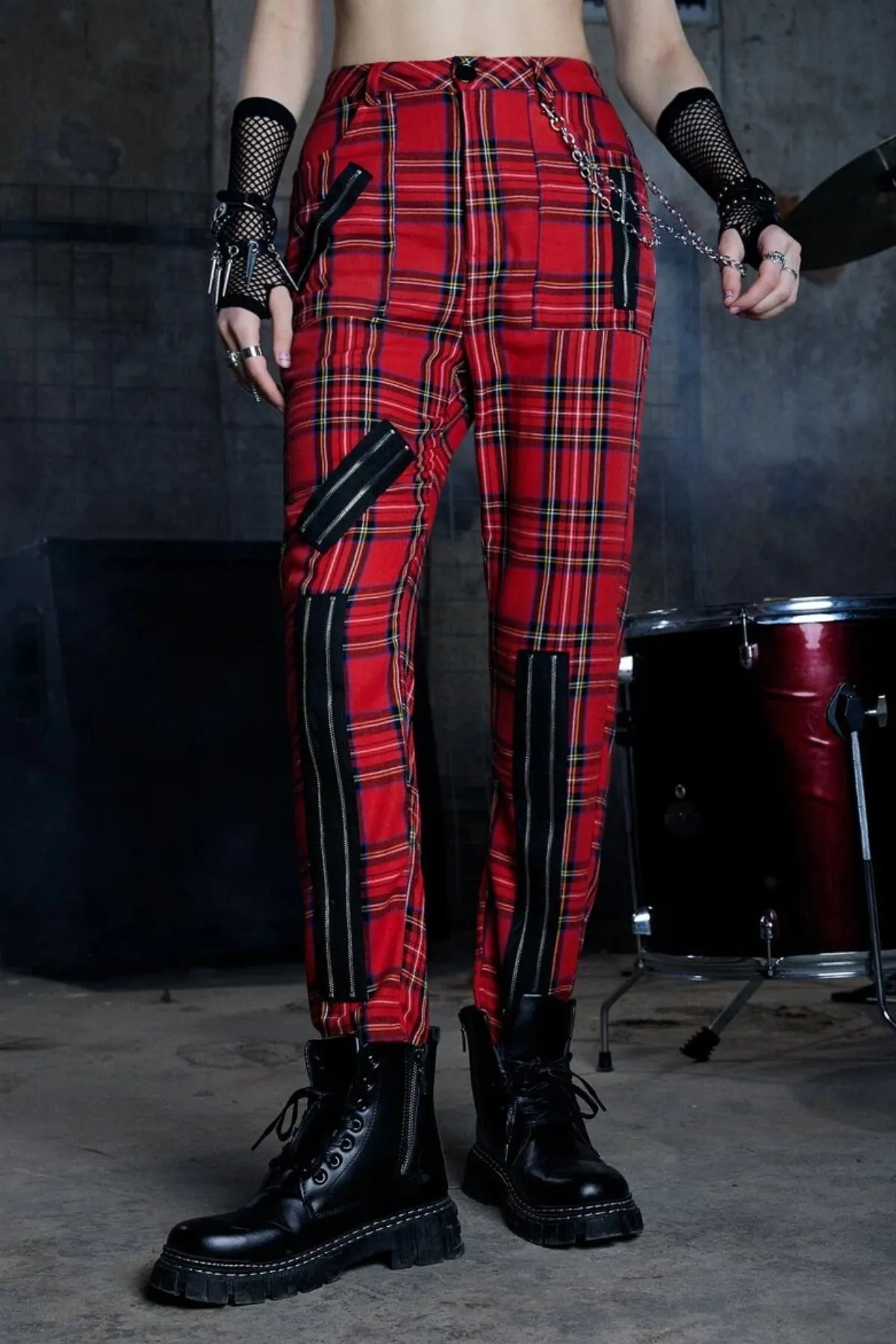 Grunge Punk Plaid Zipper Pant