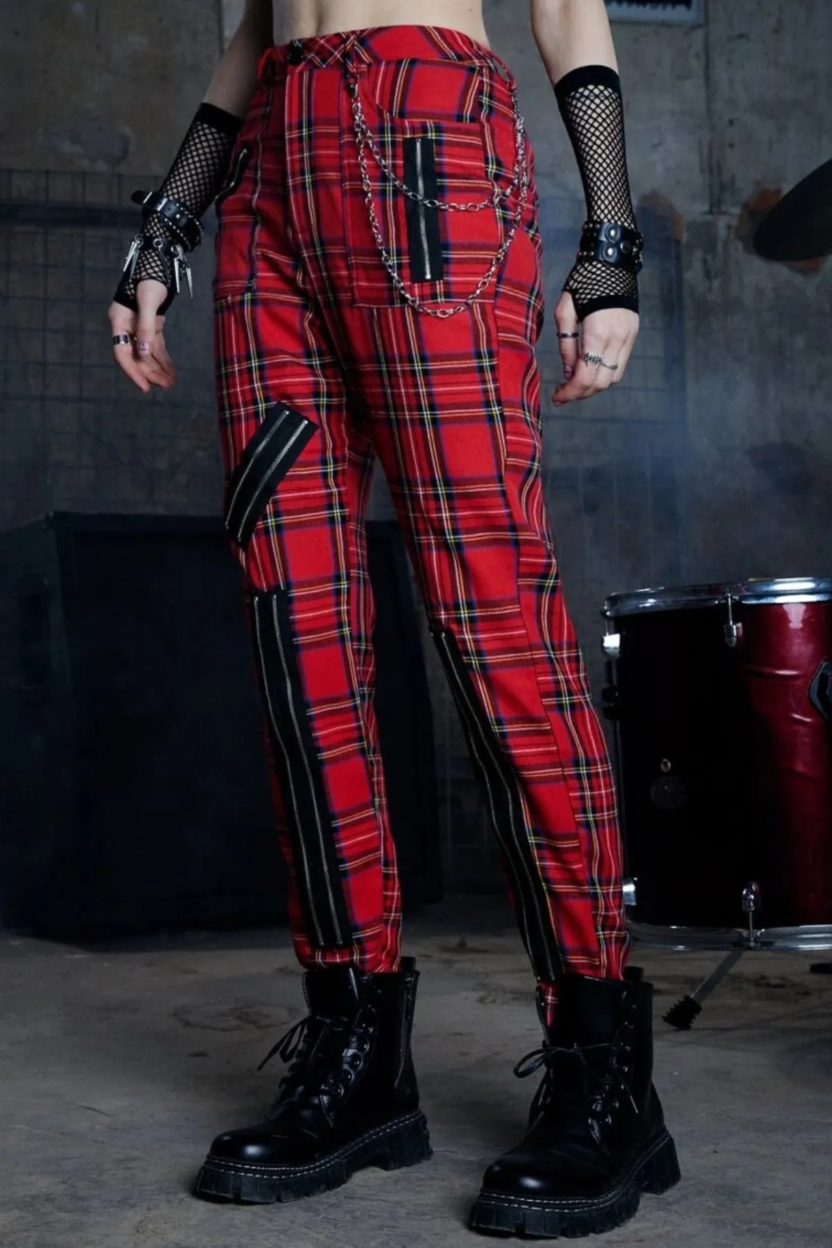Grunge Punk Plaid Zipper Pant
