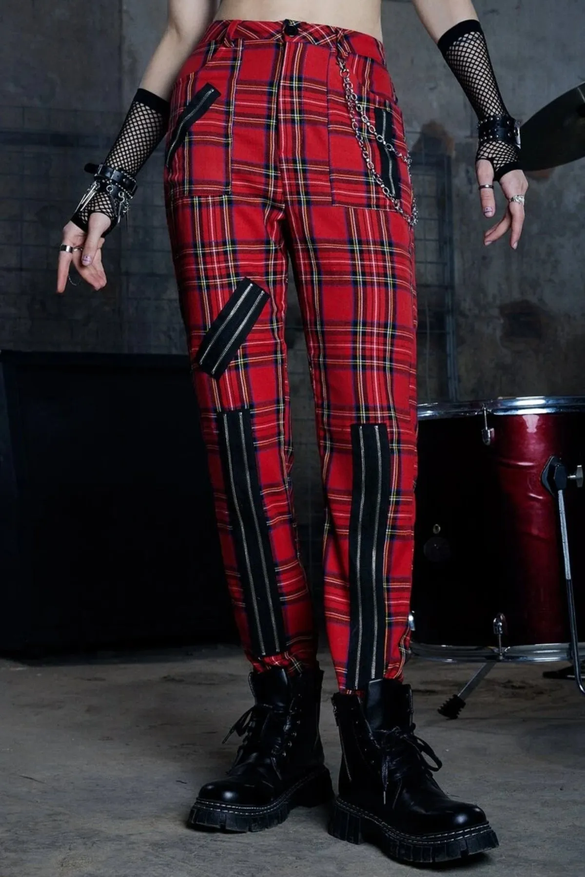 Grunge Punk Plaid Zipper Pant