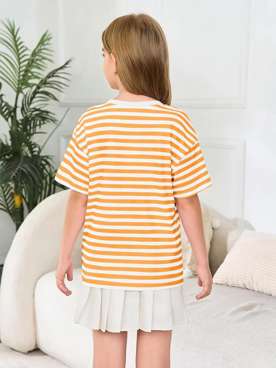 Haloumoning Girls Striped Short Sleeve T Shirts Kids Summer Oversized Tops Casual Crewneck Tees 5-14 Years