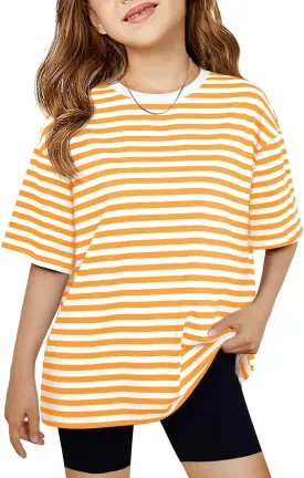 Haloumoning Girls Striped Short Sleeve T Shirts Kids Summer Oversized Tops Casual Crewneck Tees 5-14 Years