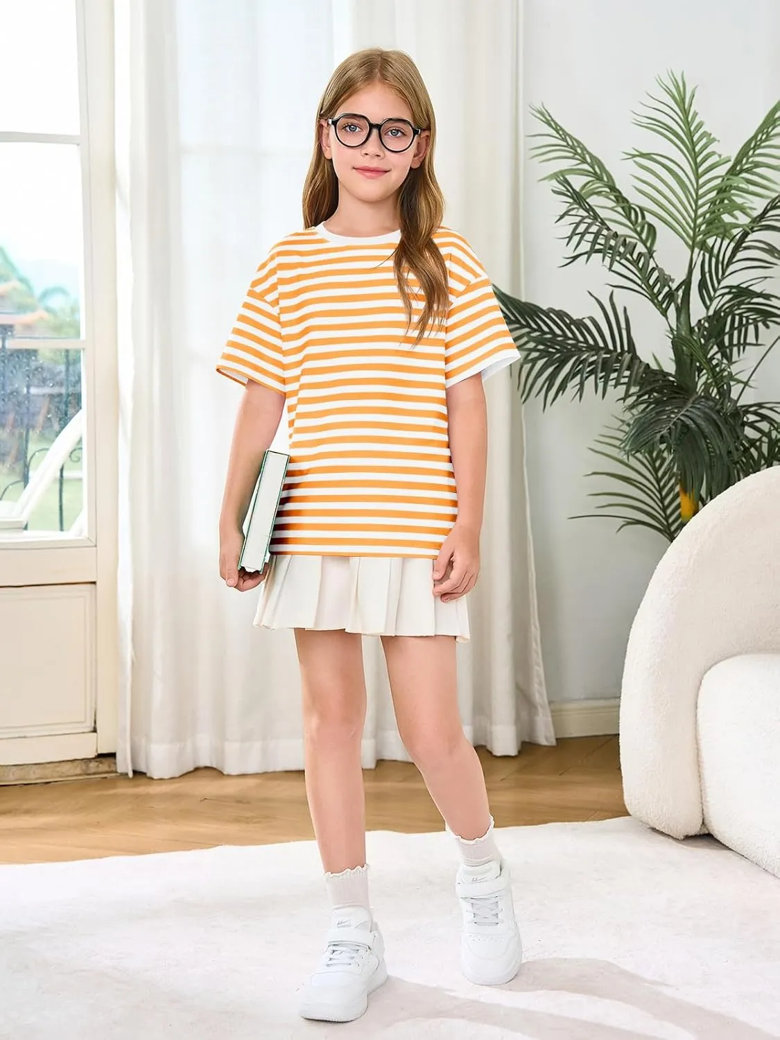 Haloumoning Girls Striped Short Sleeve T Shirts Kids Summer Oversized Tops Casual Crewneck Tees 5-14 Years