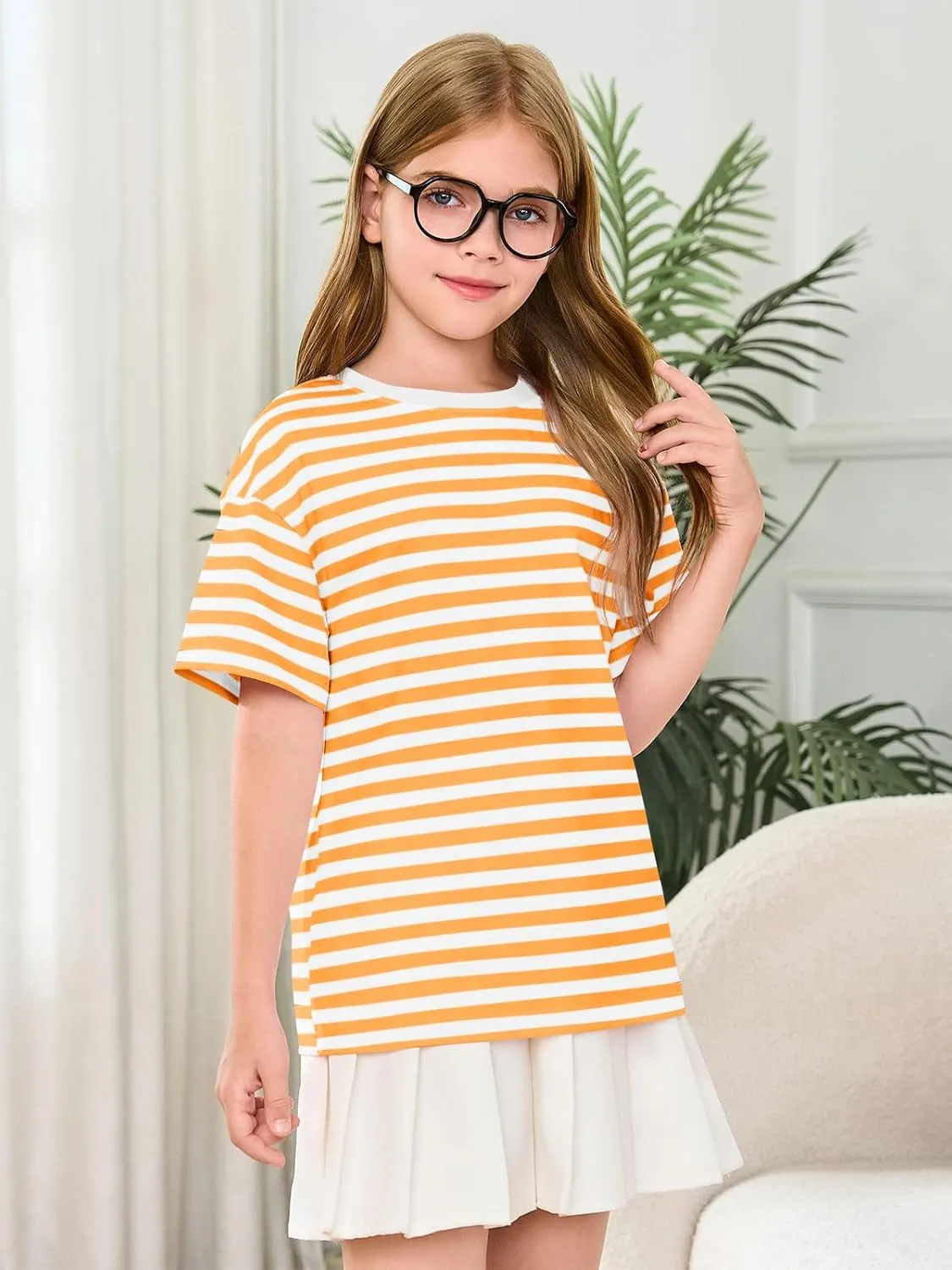 Haloumoning Girls Striped Short Sleeve T Shirts Kids Summer Oversized Tops Casual Crewneck Tees 5-14 Years