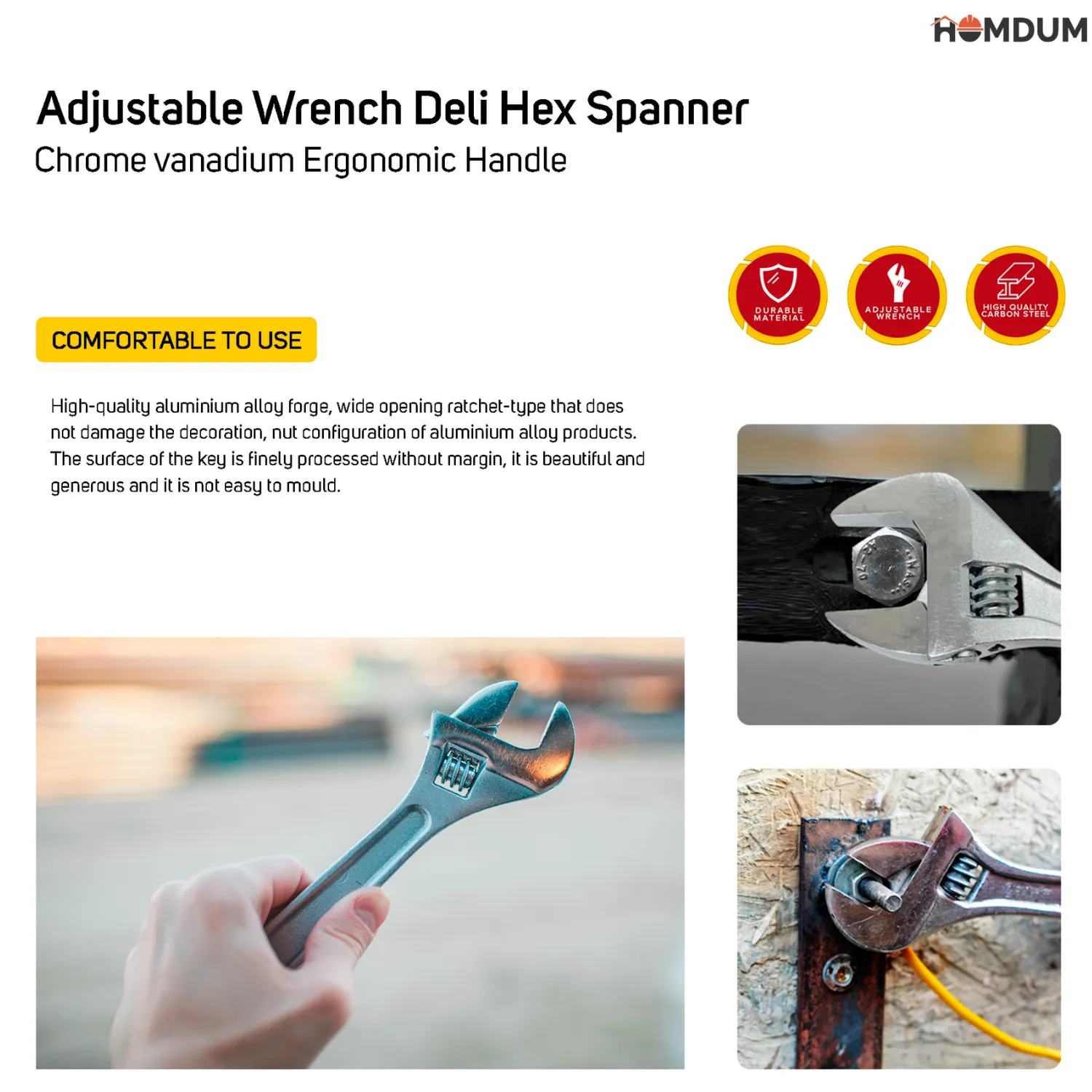 Homdum 24 inch Adjustable Wrench Deli Hex Spanner Chrome vanadium Ergonomic Handle size 600 mm