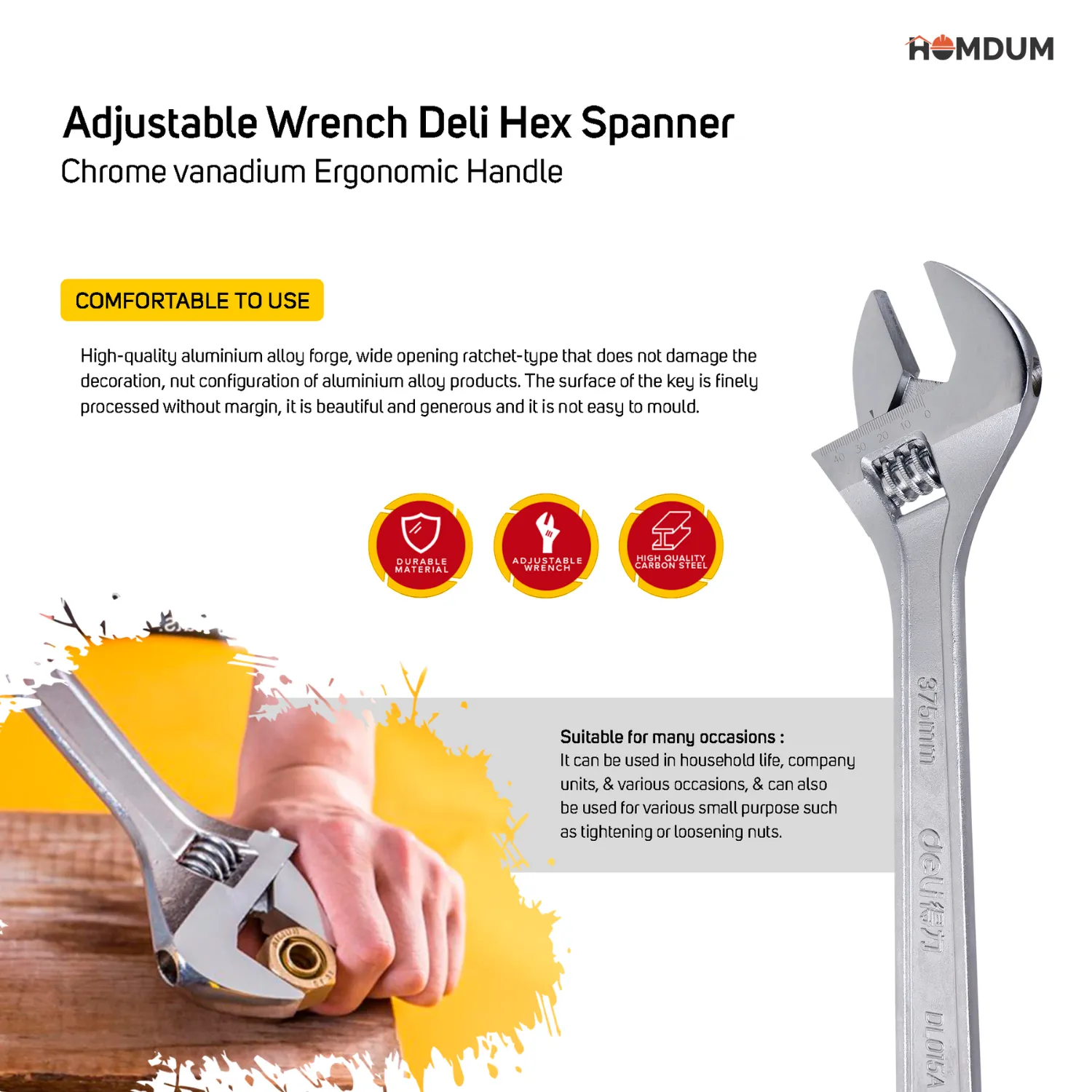 Homdum 24 inch Adjustable Wrench Deli Hex Spanner Chrome vanadium Ergonomic Handle size 600 mm