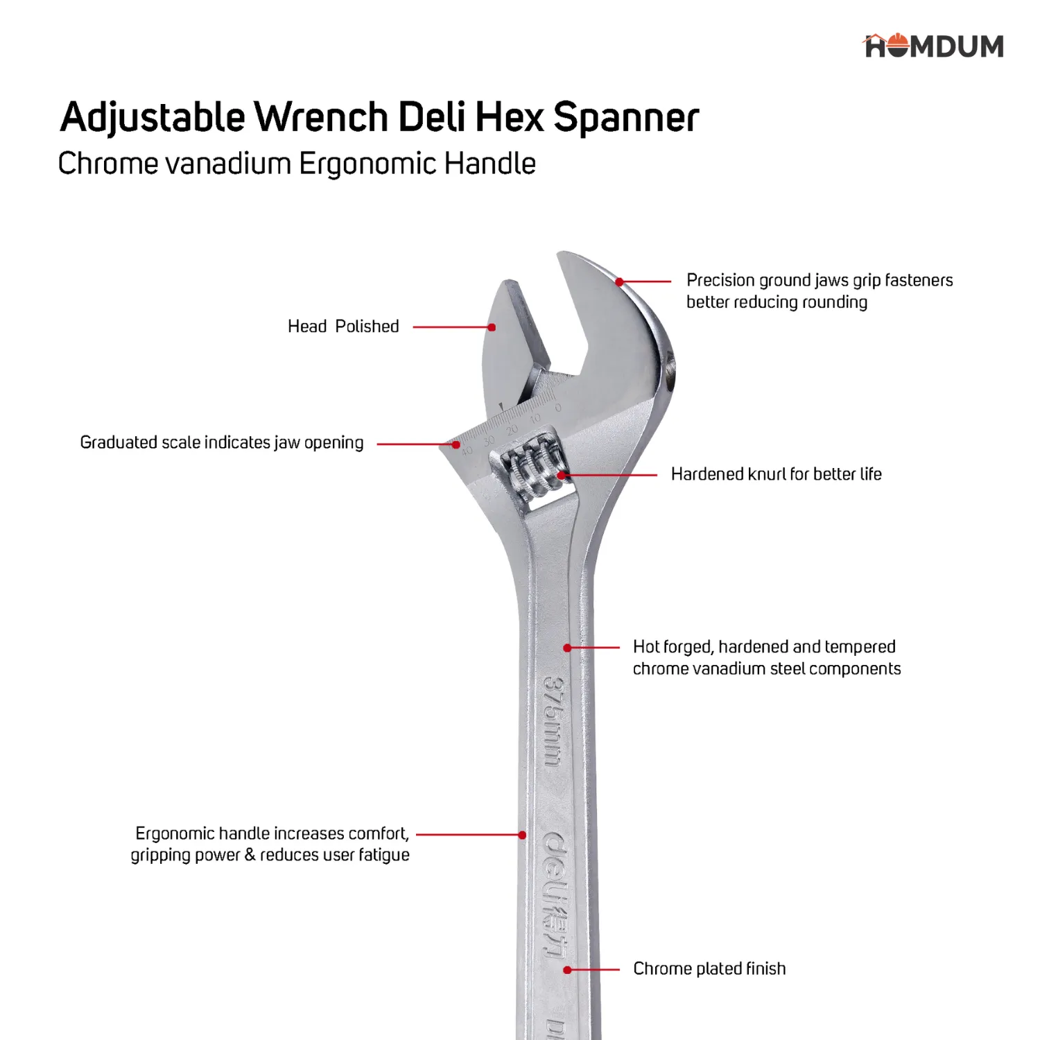 Homdum 24 inch Adjustable Wrench Deli Hex Spanner Chrome vanadium Ergonomic Handle size 600 mm