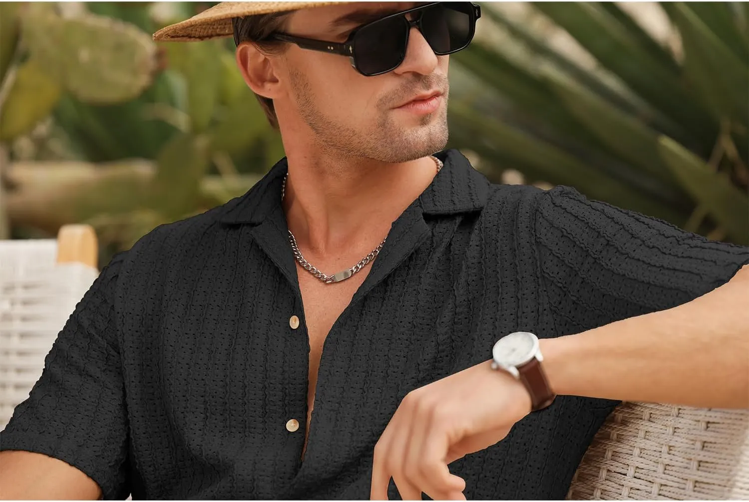 HOTake Men's Casual Summer Beach Shirts Button Down Short Sleeve Crochet Guayabera Shirts