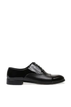 Men's Black Leather Oxford Shoes with Cap Toe and Glossy Finish - Wessi