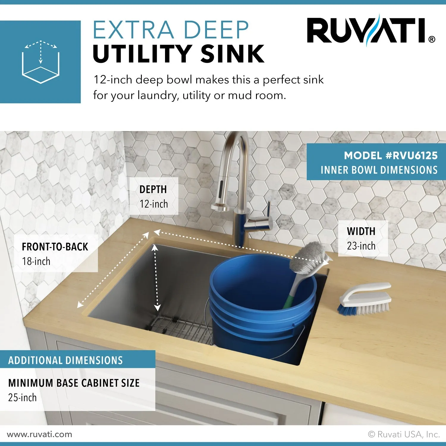 Ruvati 23" x 18" x 12" Deep Laundry Utility Sink Tight Radius Undermount 16 Gauge Stainless Steel - RVU6125