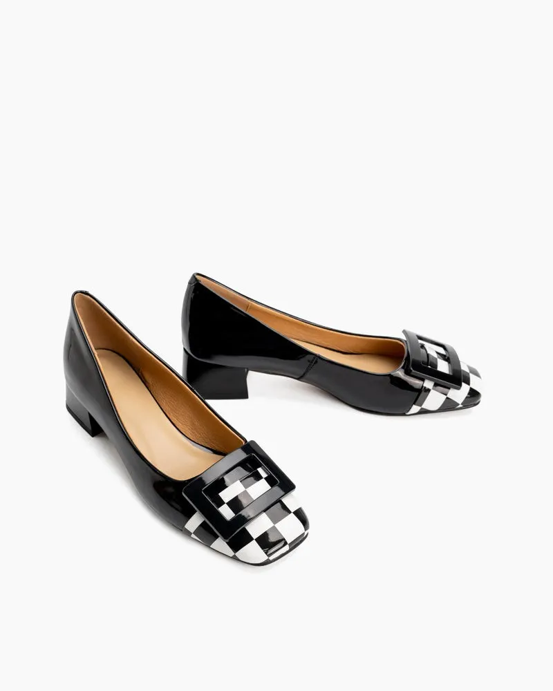 Square Buckle Checkered Print Chunky Heels