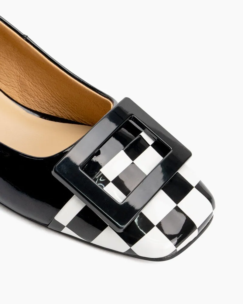 Square Buckle Checkered Print Chunky Heels