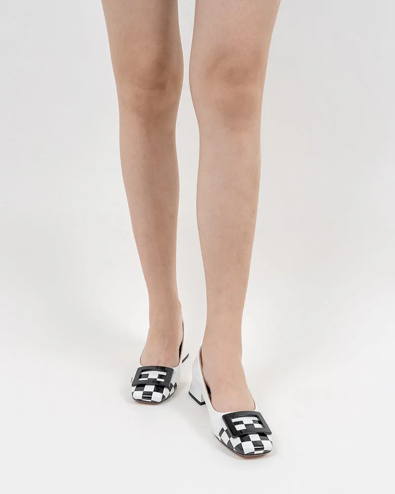 Square Buckle Checkered Print Chunky Heels